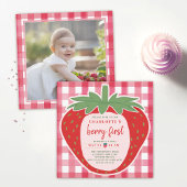 Invitation Fraise En vichy rose mignonne Photo 1er anniversai