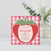 Invitation Fraise En vichy rose mignonne Photo 1er anniversai (Debout devant)