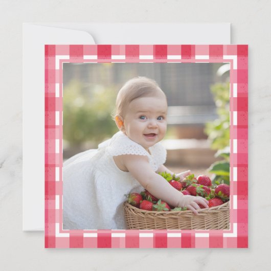 Invitation Fraise En vichy rose mignonne Photo 1er anniversai (Dos)
