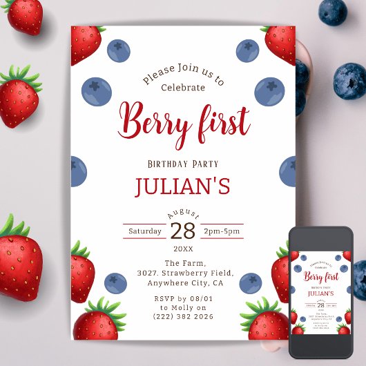 Invitation Fraise et bleuets Fille du premier Berry Anniversa