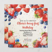 Invitation Fraise et bleuets Premier anniversaire (Devant / Derrière)