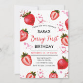 Invitation Fraise et fête blanche 1er anniversaire pour fille (Devant)