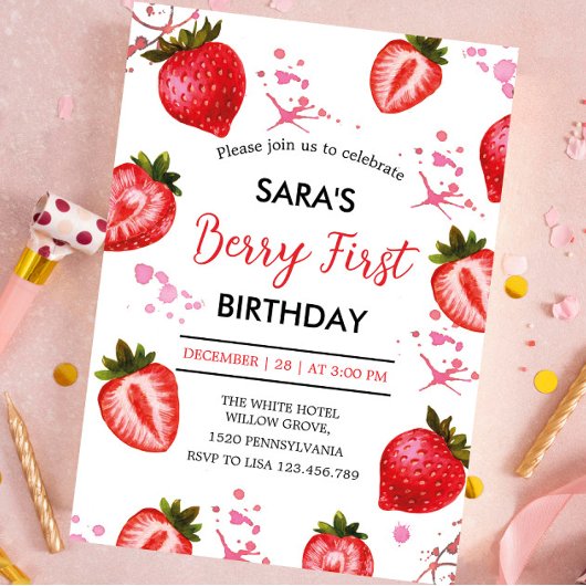 Invitation Fraise et fête blanche 1er anniversaire pour fille