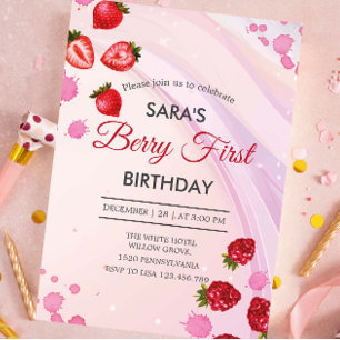 Invitation Fraise et framboise fête 1er anniversaire BabyGirl