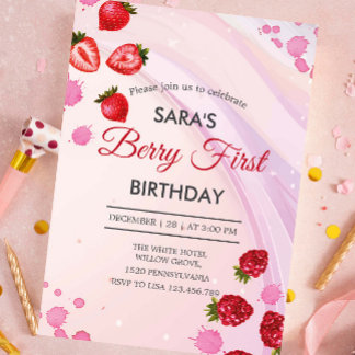 Invitation Fraise et framboise fête 1er anniversaire BabyGirl