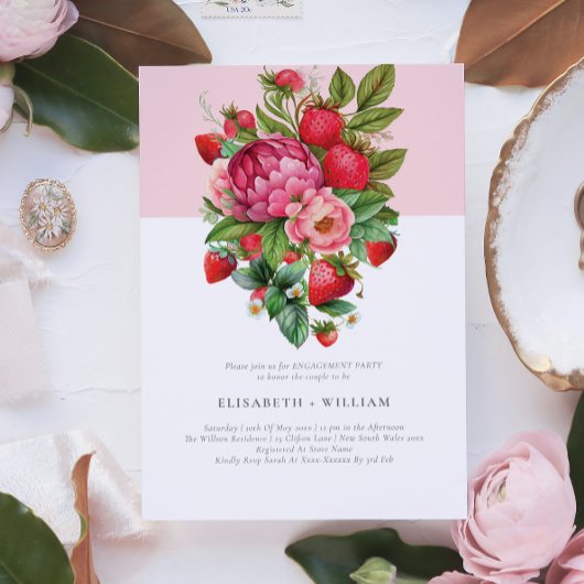Invitation Fraise et pivoines Fête d'engagement d'été