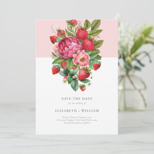 Invitation Fraise et pivoines Mariage d'été Enregistrer la da (Debout devant)
