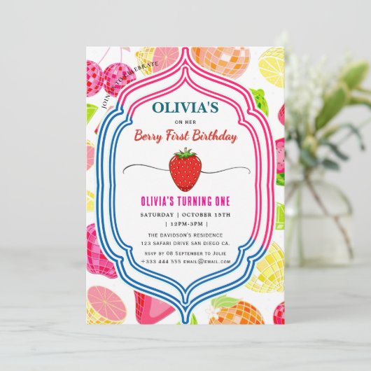 Invitation Fraise fête d'anniversaire Berry Première invitati (Debout devant)