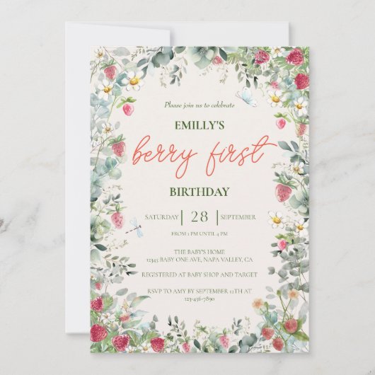 Invitation Fraise Fille Berry Premier anniversaire (Devant)