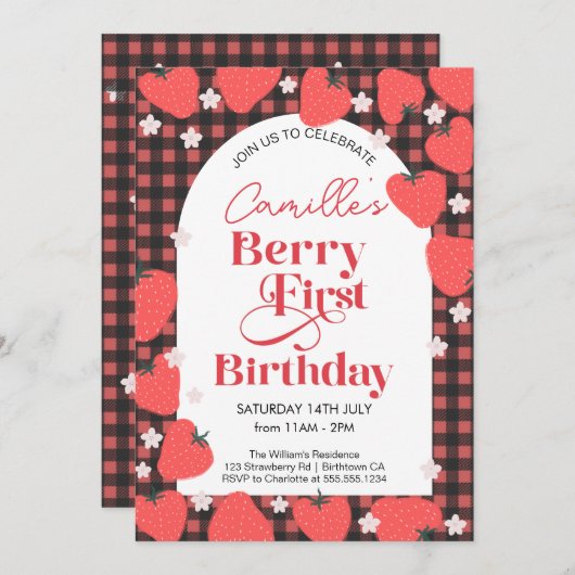 Invitation Fraise Fille Berry Première fête d'anniversaire (Devant / Derrière)