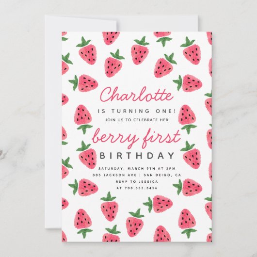 Invitation Fraise Fille Berry Première fête d'anniversaire mo (Devant)