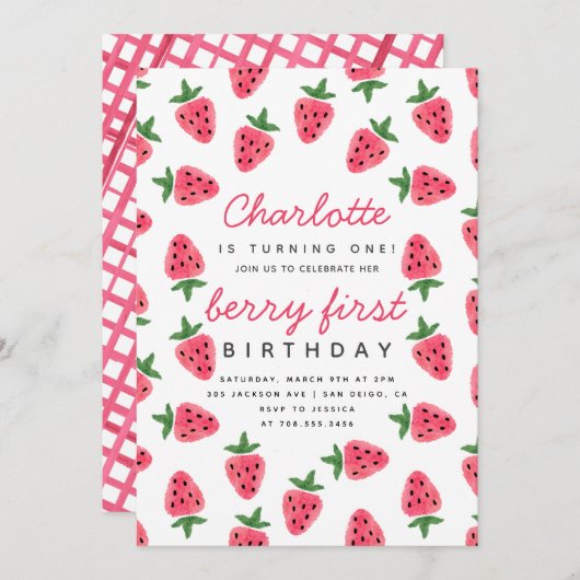Invitation Fraise Fille Berry Première fête d'anniversaire mo (Devant / Derrière)