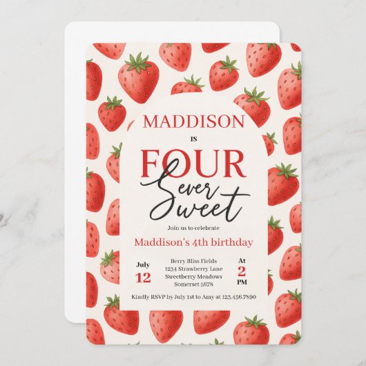 Invitation Fraise Four Ever Sweet 4e fête d'anniversaire (Devant / Derrière)