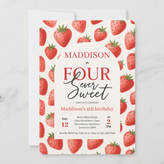 Invitation Fraise Four Ever Sweet 4e fête d'anniversaire (Devant)
