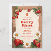 Invitation Fraise Gingham Rustique Anniversaire Daisie 1 an (Devant)