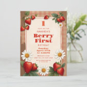 Invitation Fraise Gingham Rustique Anniversaire Daisie 1 an (Debout devant)