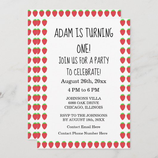 Invitation Fraise Motif Custom Age 1er anniversaire fête (Devant / Derrière)