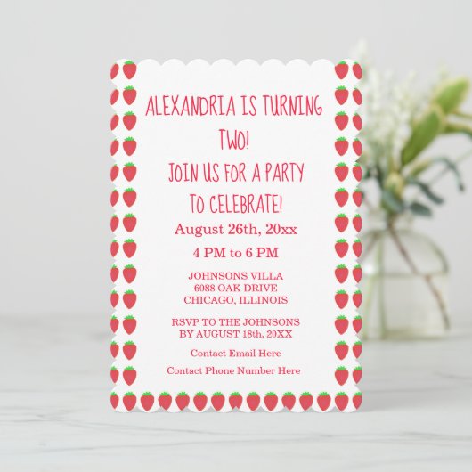 Invitation Fraise Motif Party Custom Age 2e anniversaire (Debout devant)