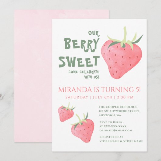 Invitation Fraise NOTRE BERRY SWEET fête d'anniversaire (Devant / Derrière)
