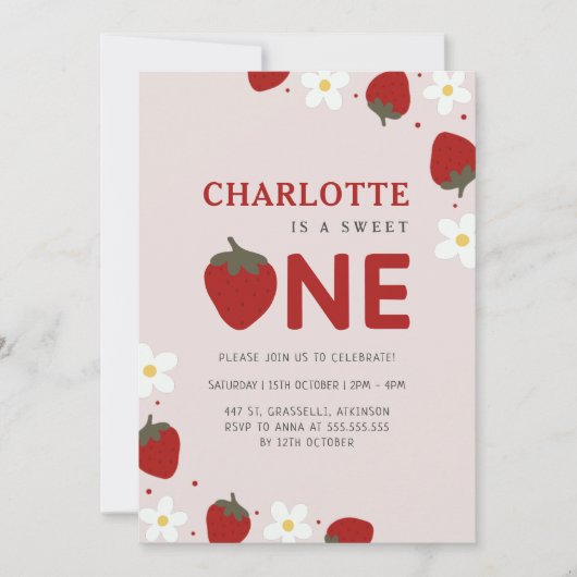 Invitation Fraise pâteuse gris clair 1er anniversaire d'été (Devant)