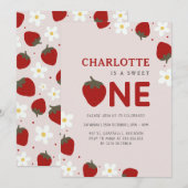 Invitation Fraise pâteuse gris clair 1er anniversaire d'été (Devant / Derrière)