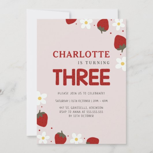 Invitation Fraise pâteuse gris clair 3e anniversaire d'été (Devant)