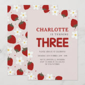 Invitation Fraise pâteuse gris clair 3e anniversaire d'été (Devant / Derrière)