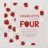 Invitation Fraise pâteuse gris clair 4e anniversaire d'été (Devant / Derrière)