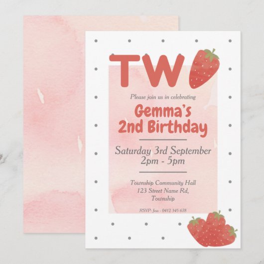 Invitation Fraise Polka Dot DEUX 2 (Devant / Derrière)