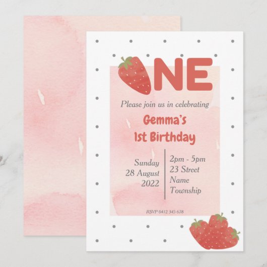 Invitation Fraise Polka Dot UN (Devant / Derrière)