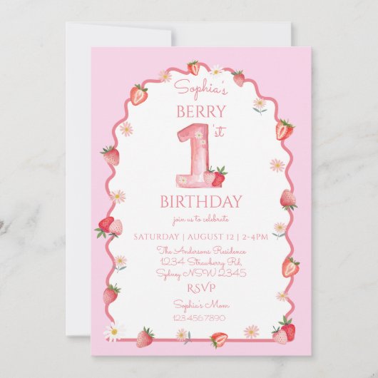 Invitation fraise Premier 1er anniversaire Wavy (Devant)
