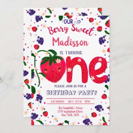 Invitation Fraise PREMIER anniversaire (Devant / Derrière)