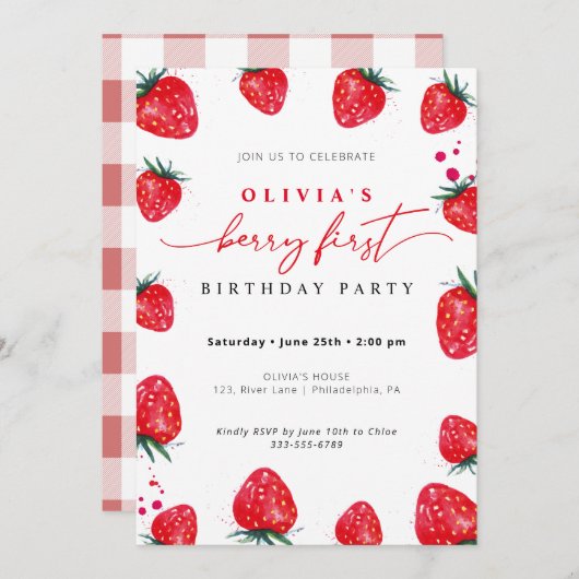 Invitation Fraise Premier anniversaire Printemps Été Invitati (Devant / Derrière)