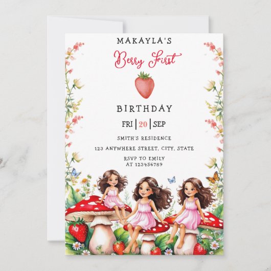 Invitation Fraise Première Fille Whimsical Fête Anniversaire (Devant)