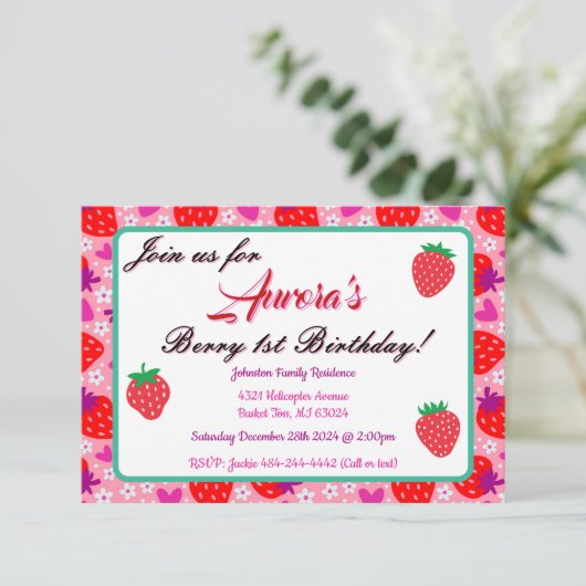 Invitation Fraise rose 1er anniversaire (Debout devant)