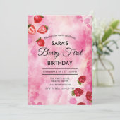 Invitation Fraise rose 1er anniversaire BabyGirl (Debout devant)