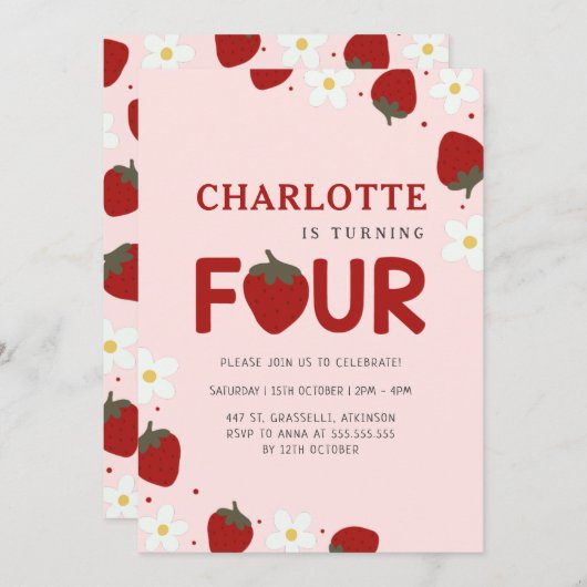 Invitation Fraise rose 4e anniversaire d'été (Devant / Derrière)