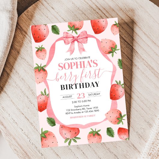 Invitation Fraise rose Berry Premier anniversaire fête
