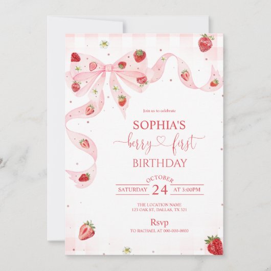 Invitation Fraise Rose Gingham Premier Anniversaire de la Pre (Devant)