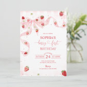 Invitation Fraise Rose Gingham Premier Anniversaire de la Pre (Debout devant)