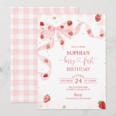 Invitation Fraise Rose Gingham Premier Anniversaire de la Pre (Devant / Derrière)