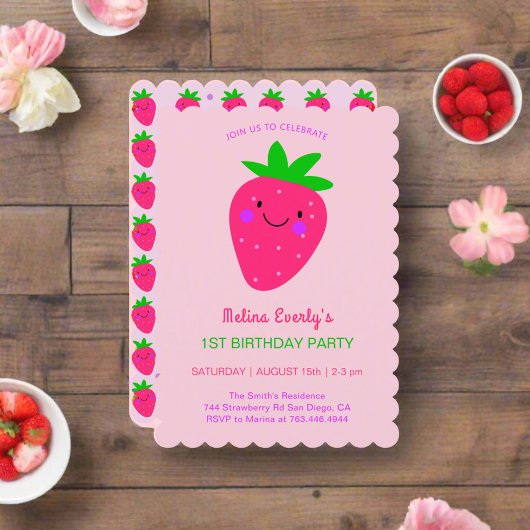 Invitation Fraise rose mignonne 1er anniversaire fête Baby Gi