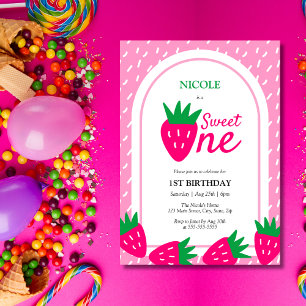 Invitation Fraise rose mignonne fille 1er anniversaire