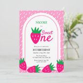 Invitation Fraise rose mignonne fille 1er anniversaire (Debout devant)