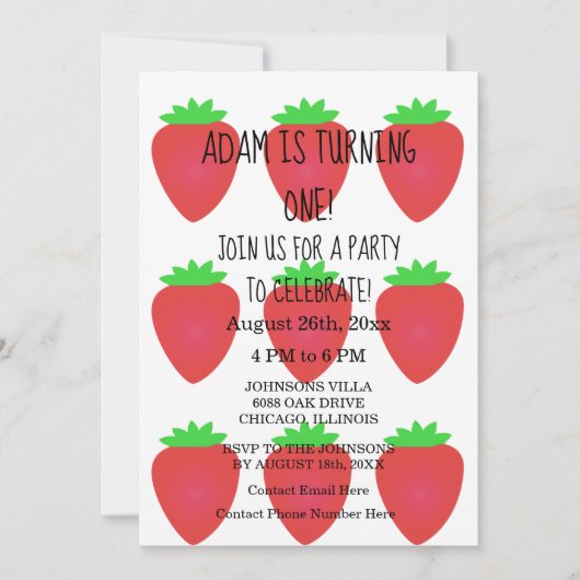 Invitation Fraise Rouge Blanc Personnalisé 1ère fête d'annive (Devant)