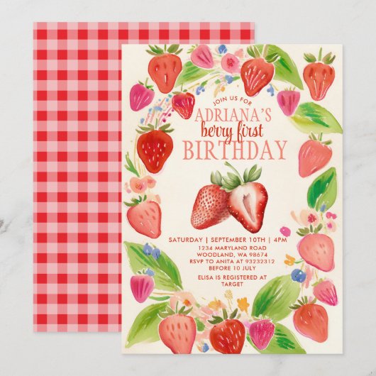 Invitation Fraise rouge En vichy Berry Sweet Anniversaire (Devant / Derrière)