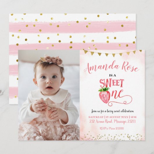 Invitation Fraise Sweet One First Birthday avec photo (Devant / Derrière)