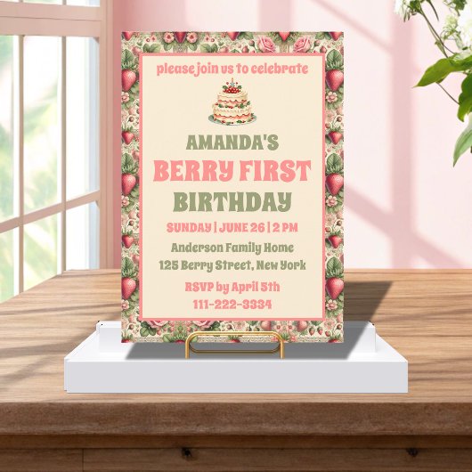 Invitation Fraise vintage 1er fête d'anniversaire Berry First
