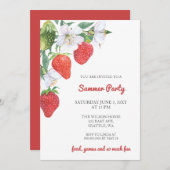 Invitation Fraises d'aquarelle rustique Fête d'été (Devant / Derrière)