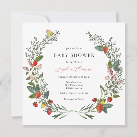 Invitation Fraises et Baby shower Fleur sauvage (Devant)
